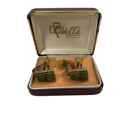 Cufflinks Tie Tack Goldtone Jade Look Stone Wraparound Mesh - Picture 5 of 5